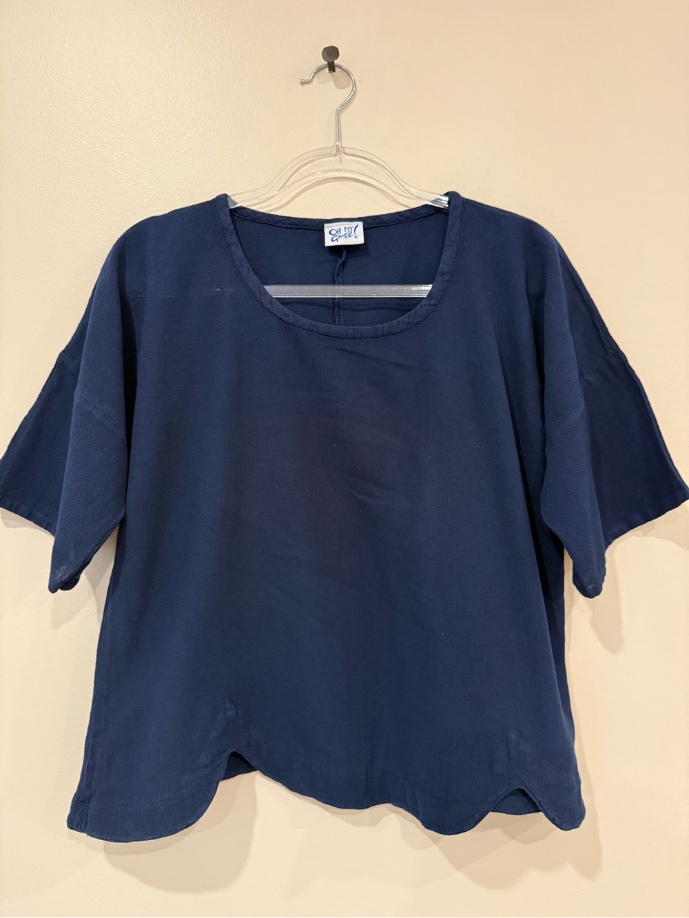 Oh My Gauze Cotton Crop Top Scalloped Hem Navy Blue Drop Shoulder Oversized Boxy